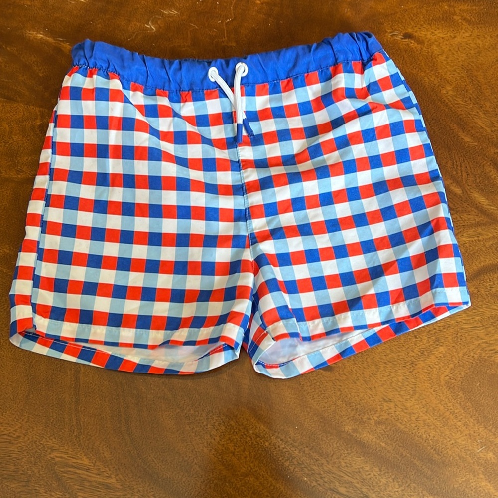 Red white and Blue check Jacadi swim trunk bathing suit size 6